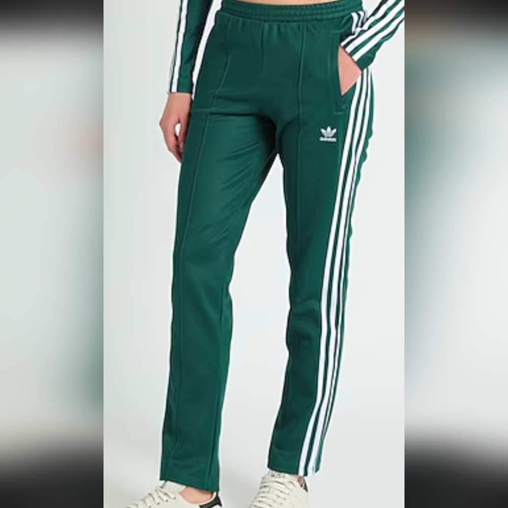 Adidas Women's Dark Green Joggers with White Stripes